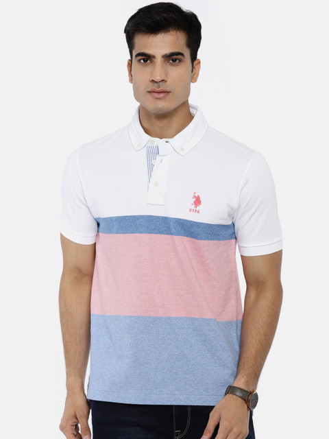 

U.S. Polo Assn. Men White & Pink Colourblocked Polo Collar T-shirt