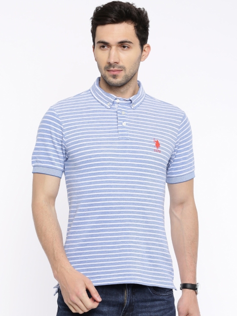 

U.S. Polo Assn. Men Blue White Striped Polo Pure Cotton T-shirt