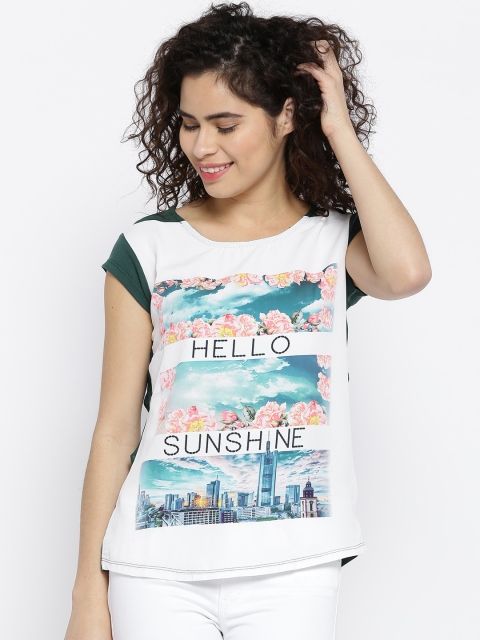 

OPt Women Off-White & Green Printed Styled Back Top