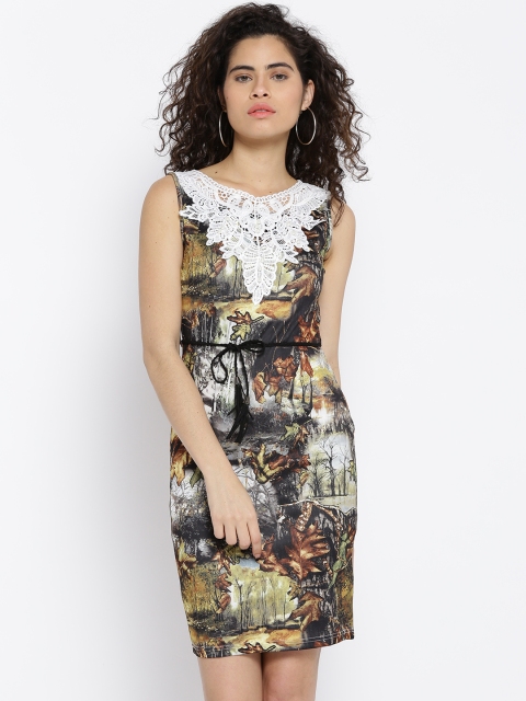 

OPt Women Multicoloured Printed Sheath Dress with Belt, Multi