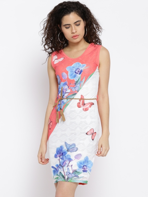 

OPt Women White & Peach-Coloured Printed Sheath Dress with Belt