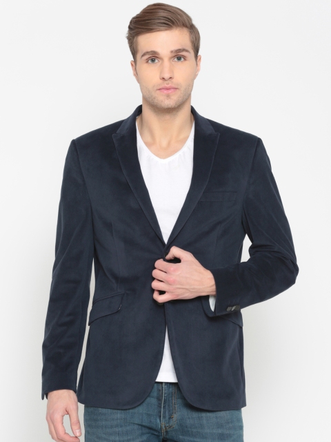 

V Dot Navy Blue Solid Slim Fit Single-Breasted Party Blazer