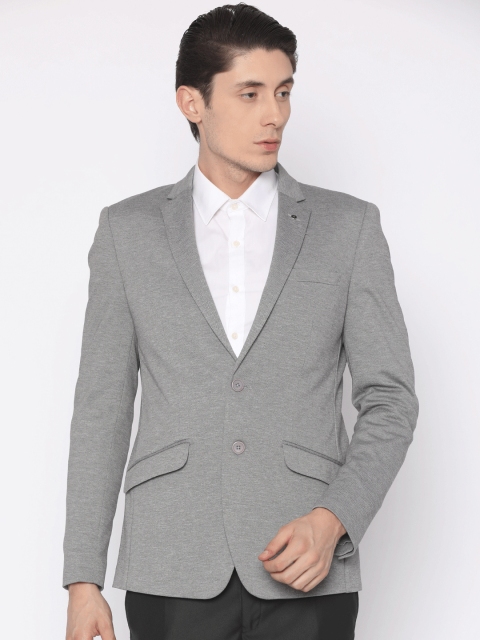 

V Dot Grey Self Design Super Slim Fit Single-Breasted Formal Blazer