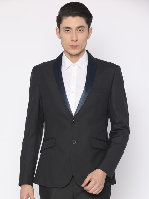 

V Dot Navy Checked Super Slim Fit Single-Breasted Party Blazer, Blue