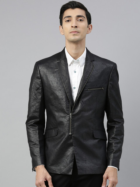 

V Dot Men Black Self Design Skinny Fit Single-Breasted Faux Leather Blazer