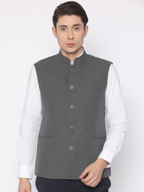 

Van Heusen Grey & Blue Printed Slim Fit Nehru Jacket