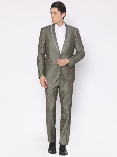 

V Dot Men Grey Self Design Slim Fit Single-Breasted Party Suit