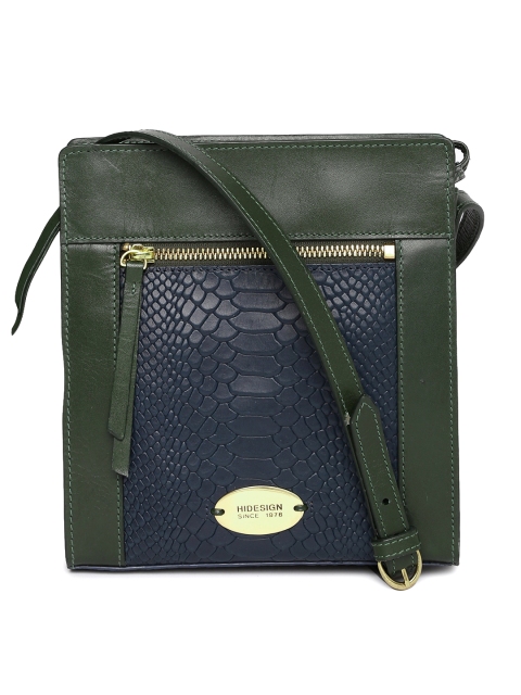 

Hidesign Green & Navy Blue Colourblocked Leather Sling Bag
