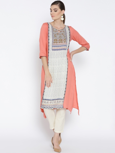 

AURELIA Women Dusty Pink & Off-White Printed Straight Kurta