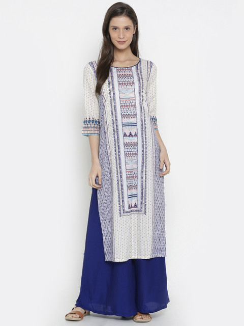 

AURELIA Women White & Blue Printed Straight Kurta