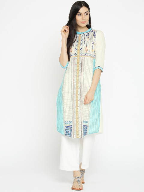 

AURELIA Women Off-White & Grey Printed Straight Kurta