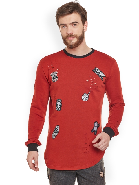 

FUGAZEE Men Rust Red & Black Ripped Applique Sweatshirt