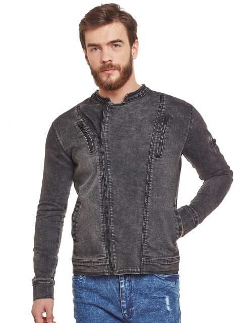 

FUGAZEE Men Grey Solid Asymmetric Closure Denim Jacket