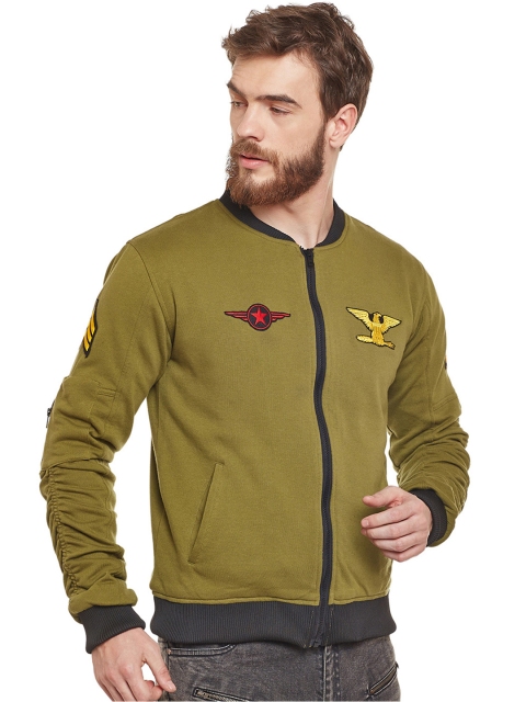

FUGAZEE Men Olive Green & Black Patchwork Bomber