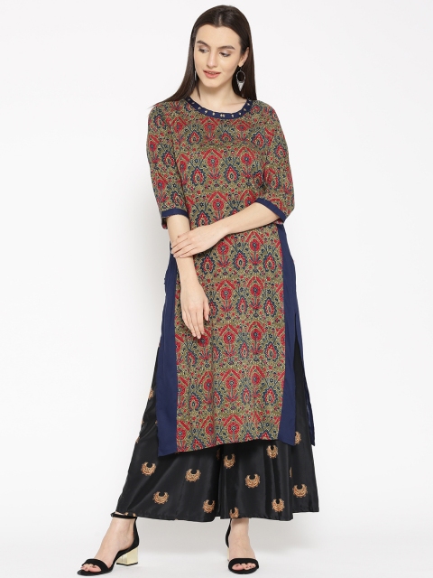 

Shree women Olive Green & Maroon Printed Straight Kurta