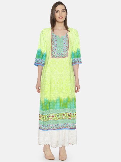 

Shree Women Lime Green & Blue Printed Straight Kurta
