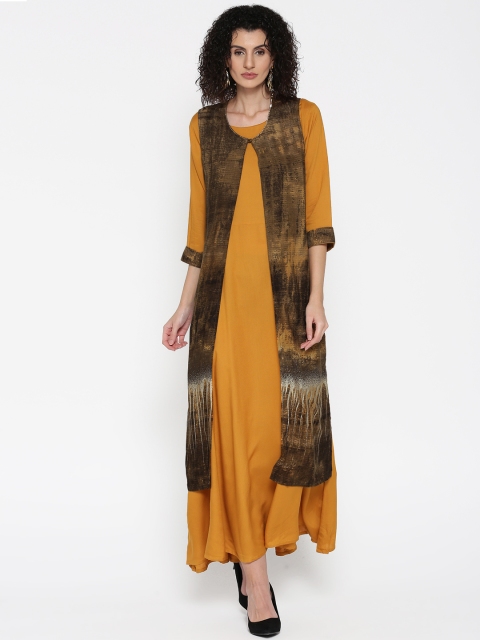 

Shree Women Mustard Yellow Maxi Dress with Printed Jacket