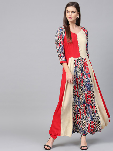 

Shree Women Beige & Red Printed Maxi Dress