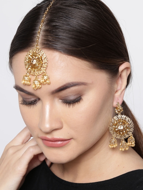 

Zaveri Pearls Gold-Toned Austrian Diamond-Studded Beaded Jewellery Set