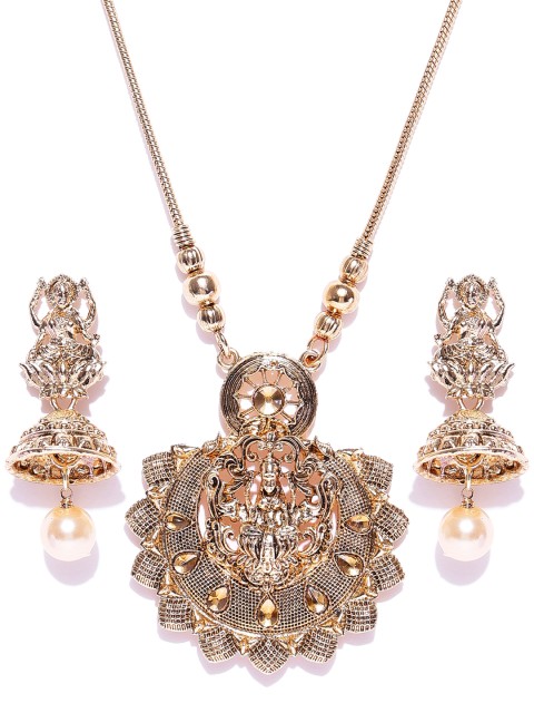 

Zaveri Pearls Antique Gold-Toned Stone-Studded Temple Jewellery Set