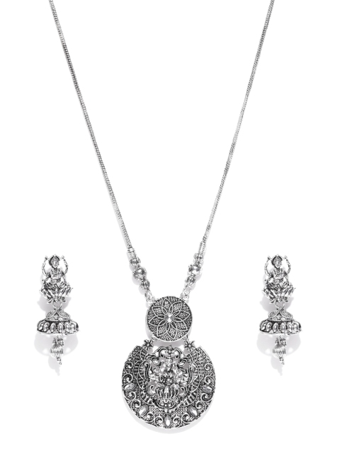 

Zaveri Pearls Oxidised Silver-Toned Goddess Lakshmi Stone-Studded Jewellery Set