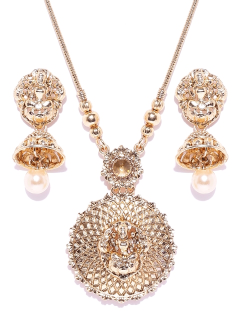 

Zaveri Pearls Antique Gold-Toned Goddess Lakshmi Textured Jewellery Set