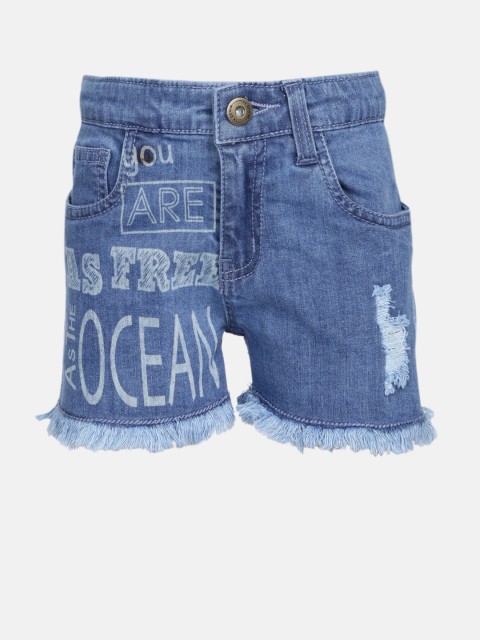 

YK Girls Blue Printed Regular Fit Denim Shorts