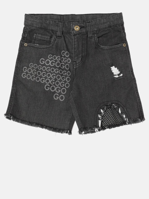 

YK Girls Black Solid Slim Fit Printed Denim Shorts