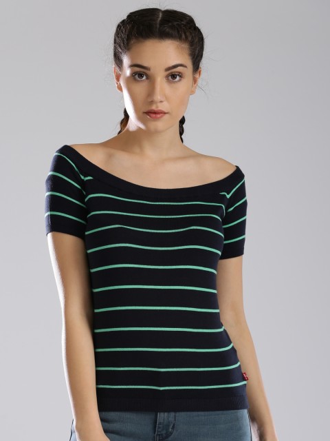 

Levis Women Navy Striped Boat Neck T-shirt, Teal