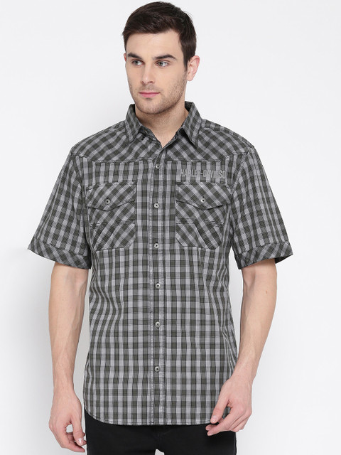 

Harley-Davidson Men Grey & Olive Green Regular Fit Checked Casual Shirt