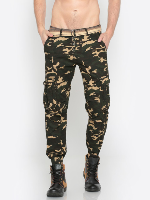 

Sports52 wear Men Olive Green & Beige Carrot Regular Fit Printed Cargos