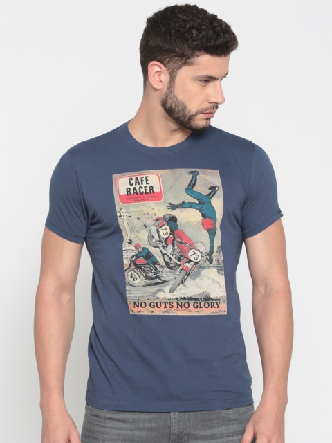 

Pepe Jeans Men Blue Printed Round Neck Pure Cotton T-shirt