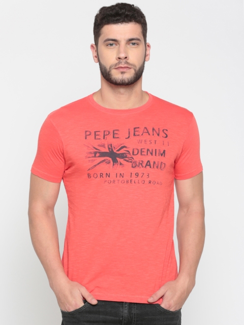 

Pepe Jeans Men Coral Printed Round Neck Pure Cotton T-shirt