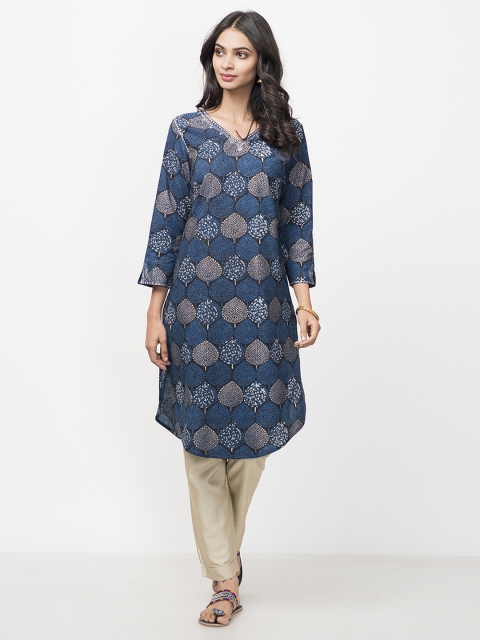 

Fabindia Women Navy Blue Printed Straight Kurta
