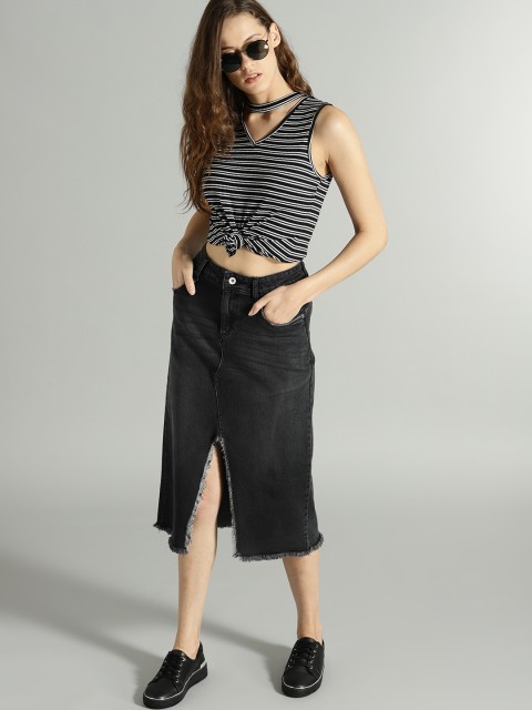 

Roadster Women Black Washed Denim Midi Pencil Skirt