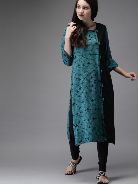 

HERE&NOW Women Teal & Black Printed A-Line Kurta
