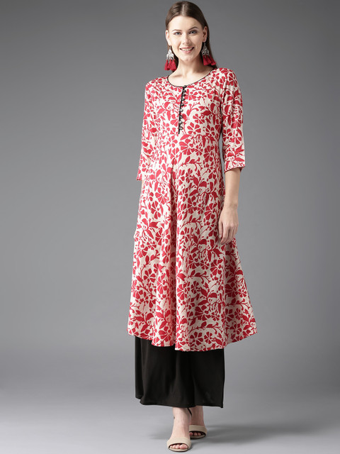 

HERE&NOW Women Red & Off-White Printed A-Line Kurta