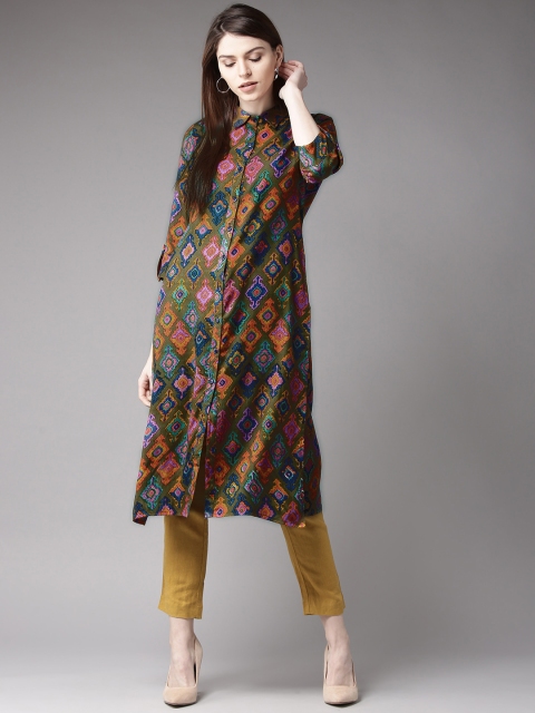 

HERE&NOW Women Olive Green & Rust Orange Printed Straight Kurta