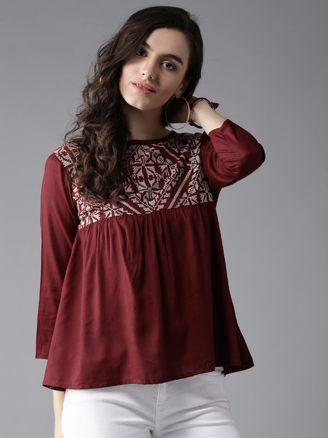 

HERE&NOW Women Maroon Embroidered Detail A-Line Top
