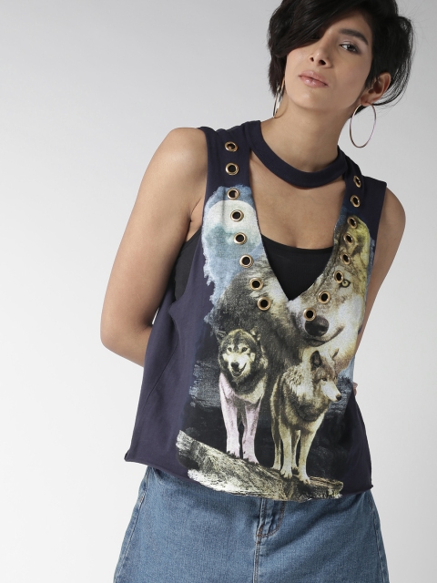 

FOREVER 21 Women Navy Printed Cut-Out Top, Navy blue