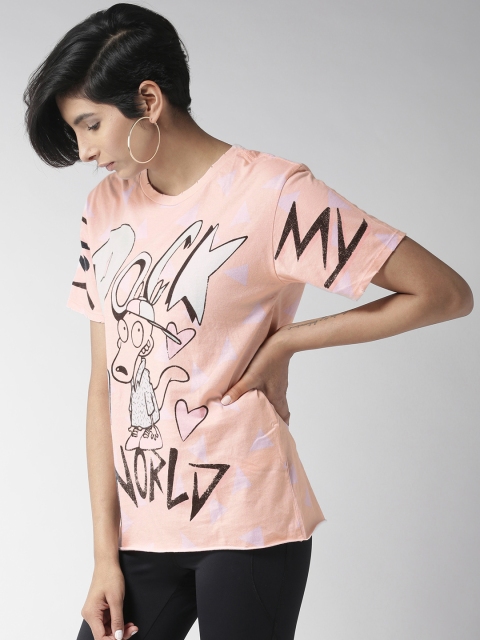 

FOREVER 21 Women Peach-Coloured & Black Printed Round Neck T-shirt