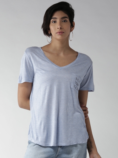 

FOREVER 21 Women Blue Solid V-Neck T-shirt