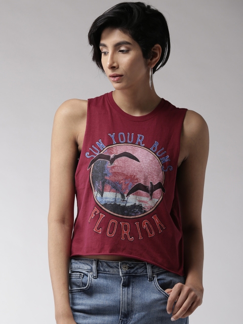 

FOREVER 21 Women Burgundy Printed Round Neck T-shirt