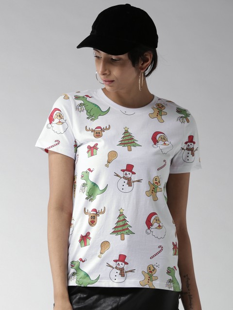 

FOREVER 21 Women White & Green Printed Round Neck T-shirt