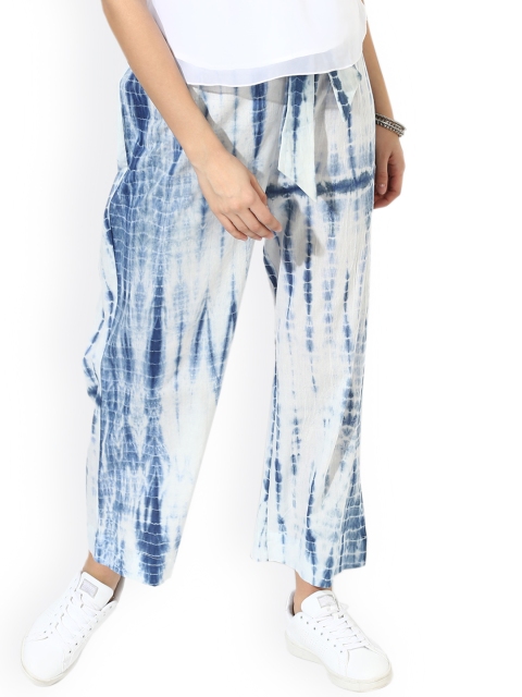 

Sangria Women White & Blue Straight Fit Tie-Dyed Regular Trousers