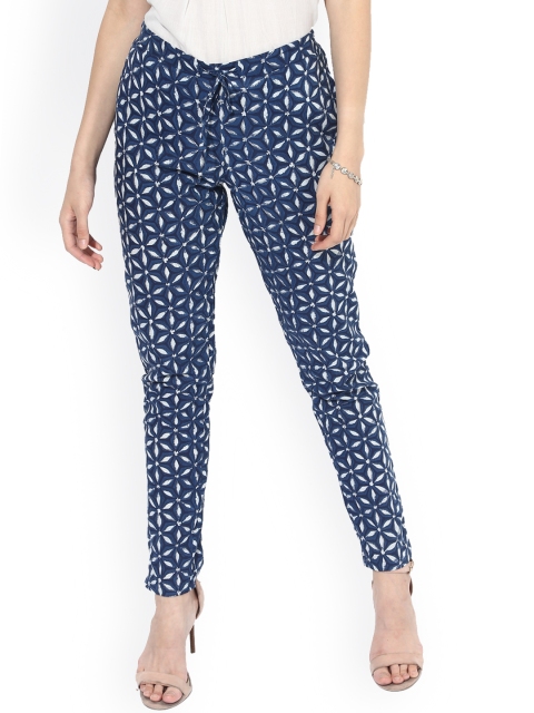 

Sangria Women Blue & White Slim Fit Printed Regular Trousers