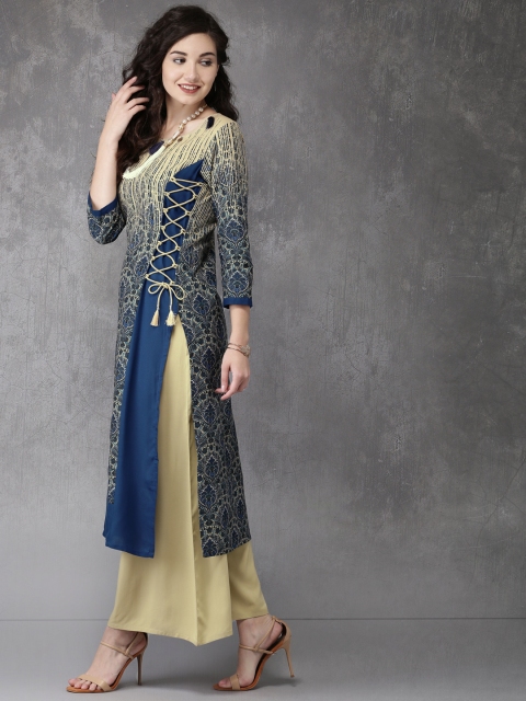 

Anouk Women Beige & Blue Printed Kurta with Palazzos