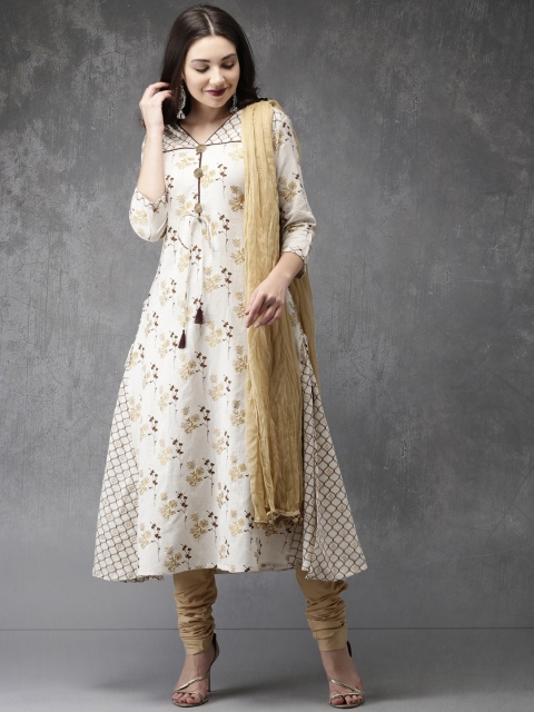 

Anouk Women Off-White & Beige Printed Kurta with Churidar & Dupatta