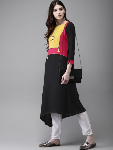 

Anouk Women Black & Yellow Colourblocked A-Line Kurta