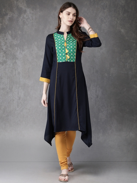 

Anouk Women Navy Blue Yoke Design Asymmetric A-Line Kurta